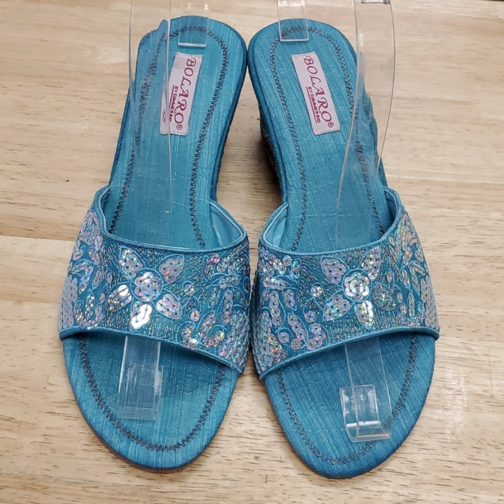 Bolaro Aqua Sequined Slide Low Wedge Sandals 8.5